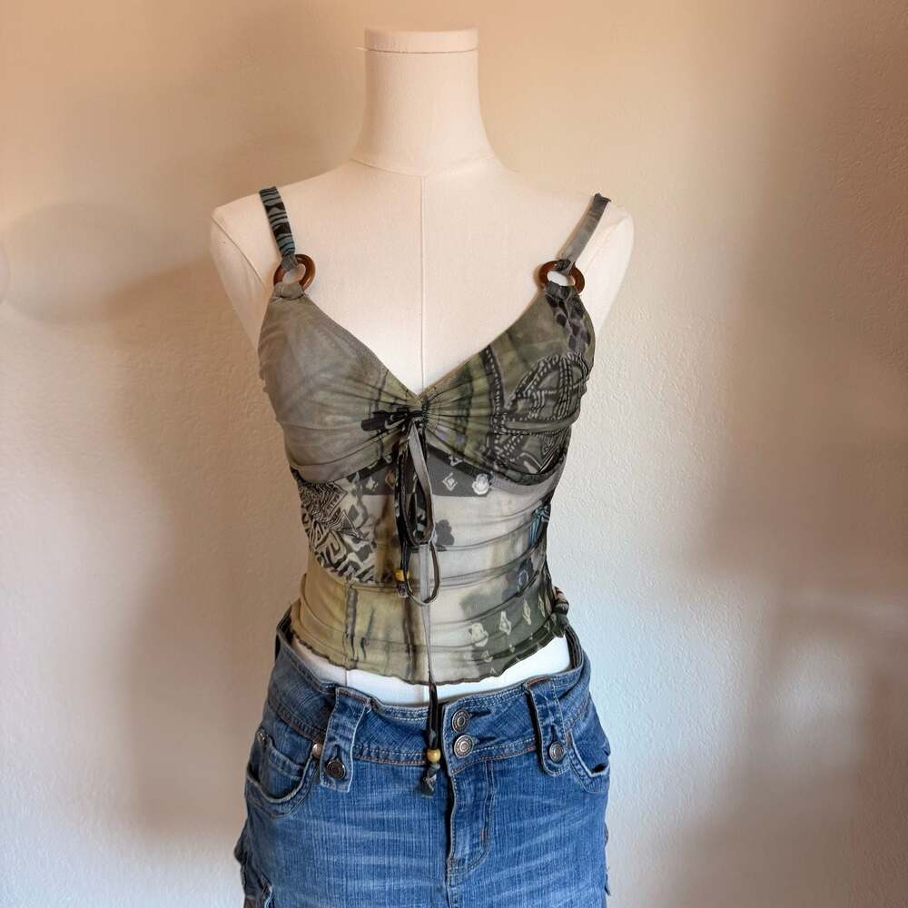Babydoll Printed Mesh Drawstring Cropped Camisole Top
